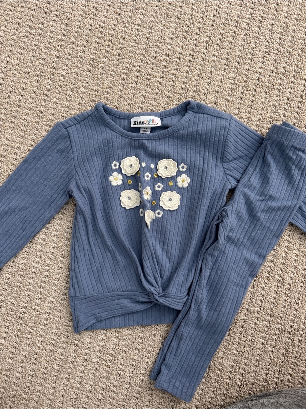 Kids Blue Ribbed Floral Knot-Front Top